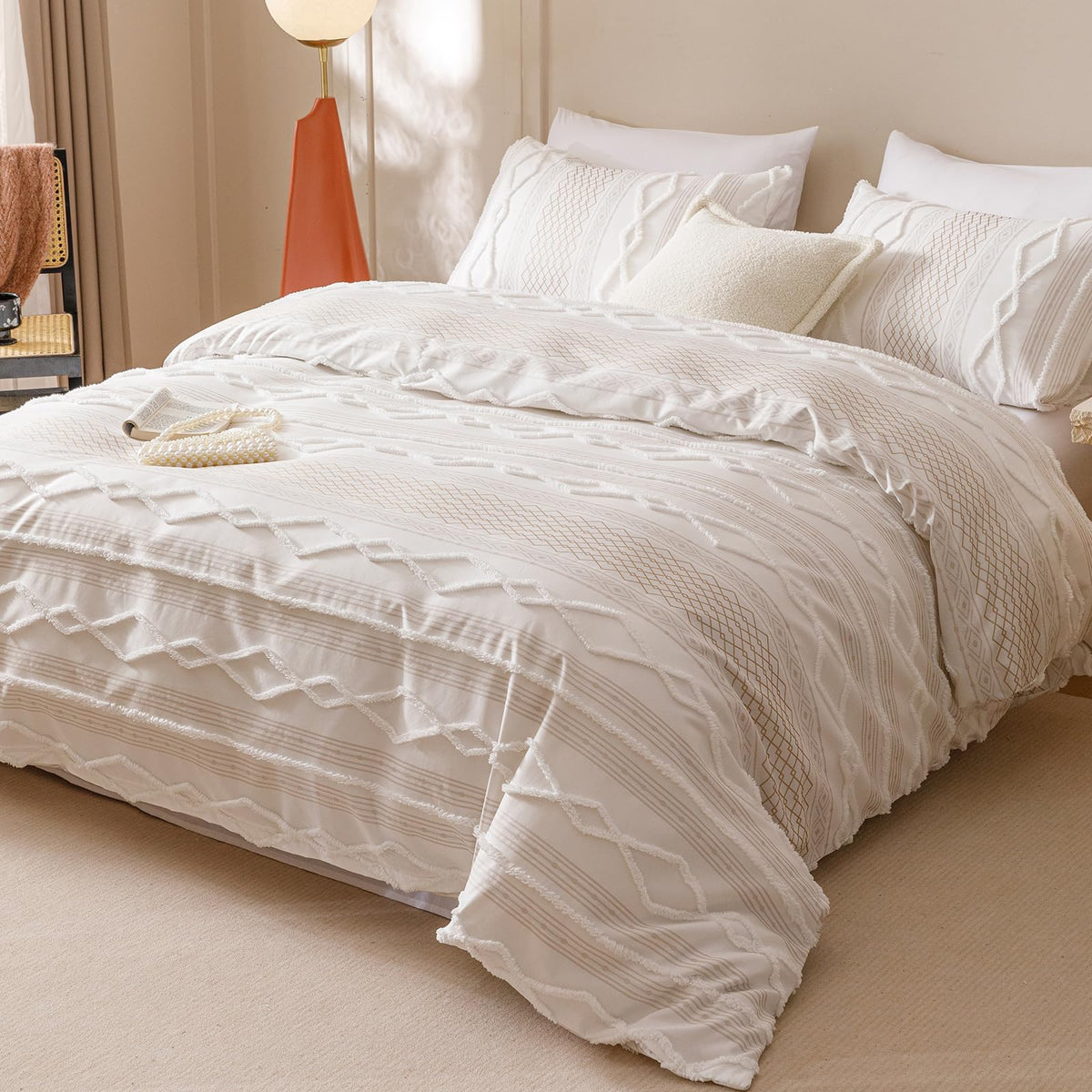 Ivory Boho Comforter Set Cal King Mixed Textures Jacquard Bedding Set Durable Chic and Stylish Bedroom Set