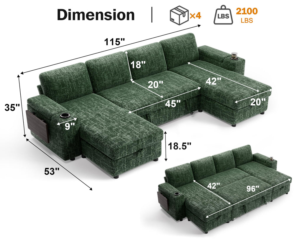 108" Modular Sectional Sleeper Sofa with Pull Out Bed, 4 Seat Chenille U Shaped Couch with USB Ports|Cup Holders|Side
