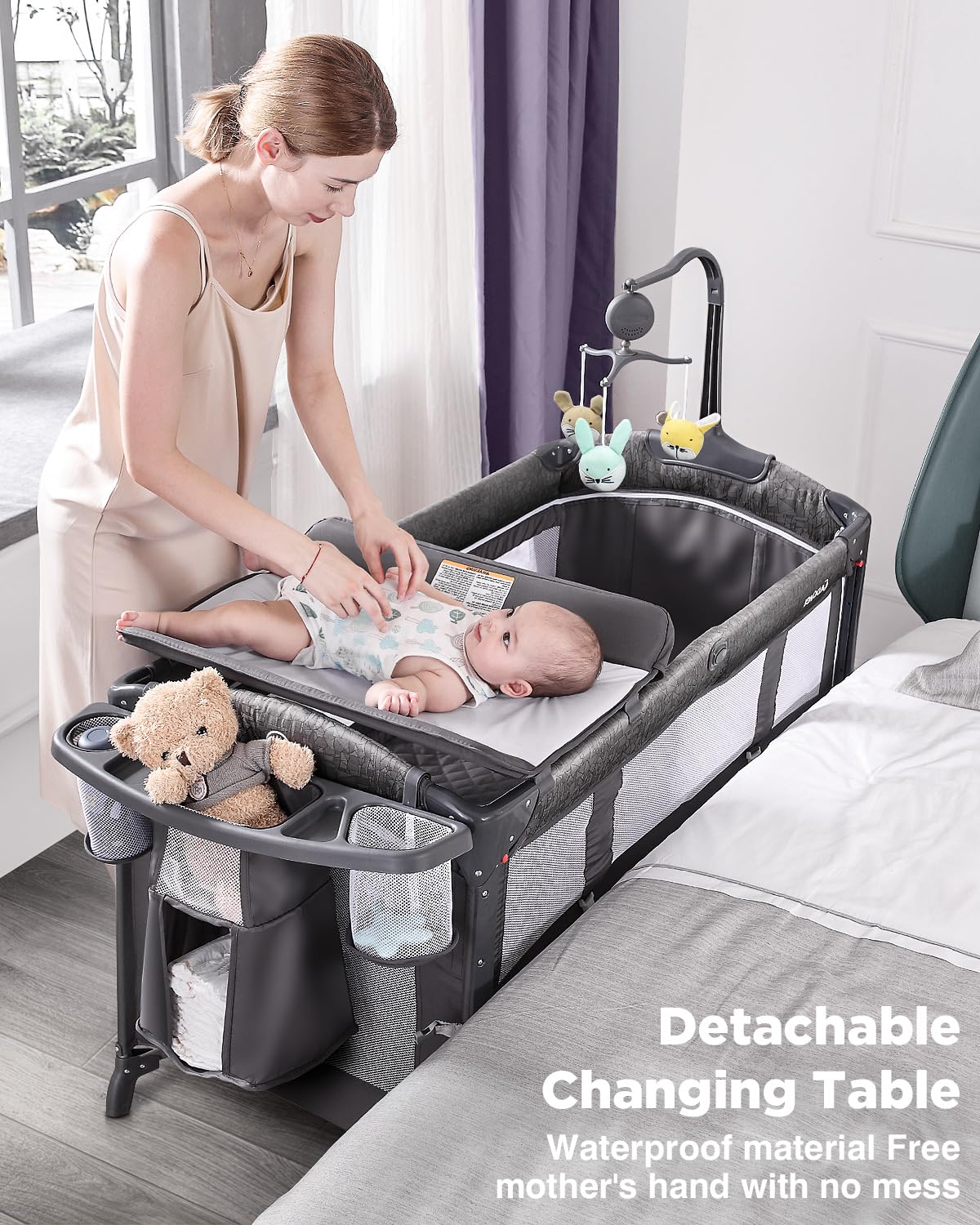 Baby Bassinet Bedside Crib, Play Yard, Diaper Changer, Grey