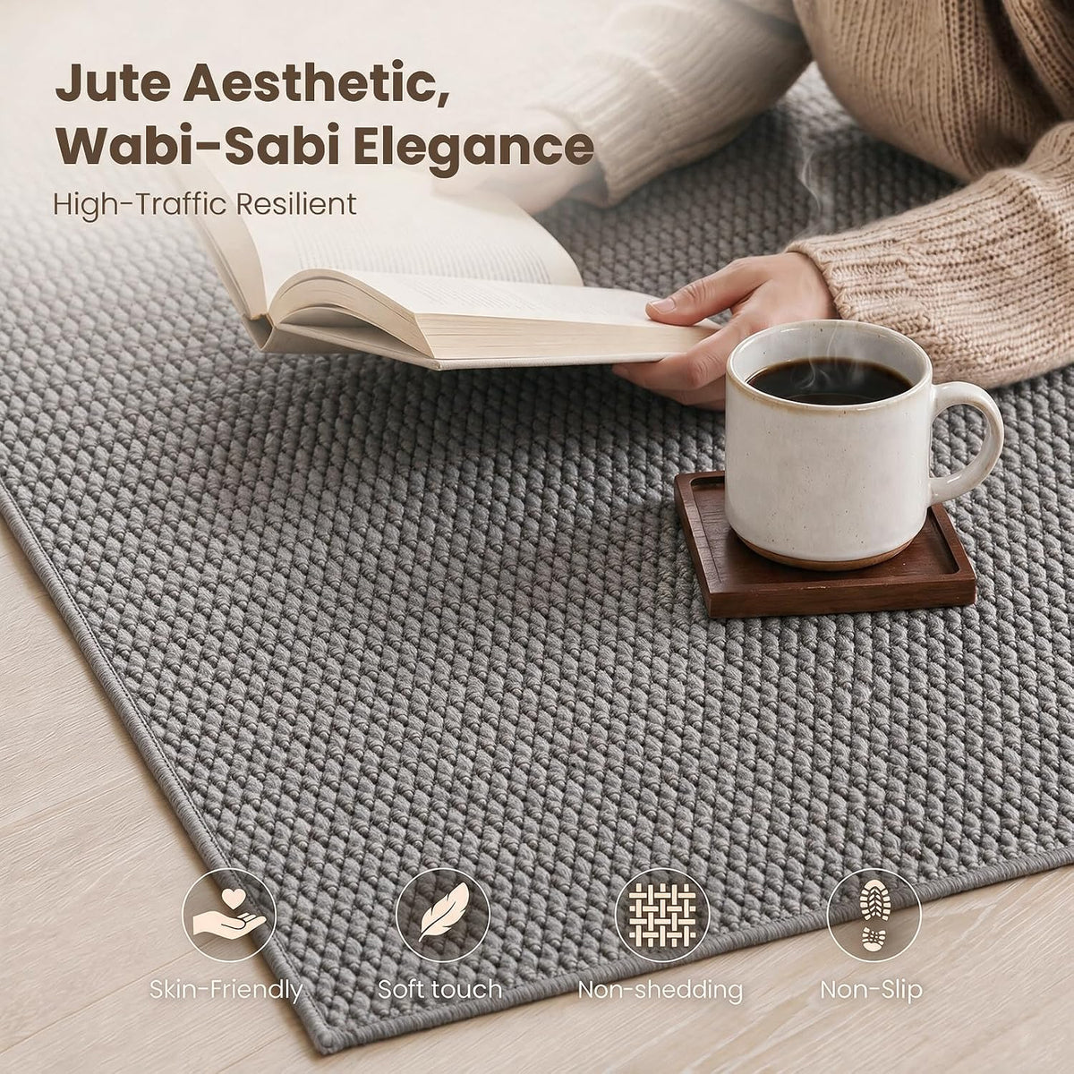 Washable Easy Jute Rug, Non Slip, Indoor Outdoor Natural Color Fiber Area Rugs, Boho Woven Design Easy-Cleaning