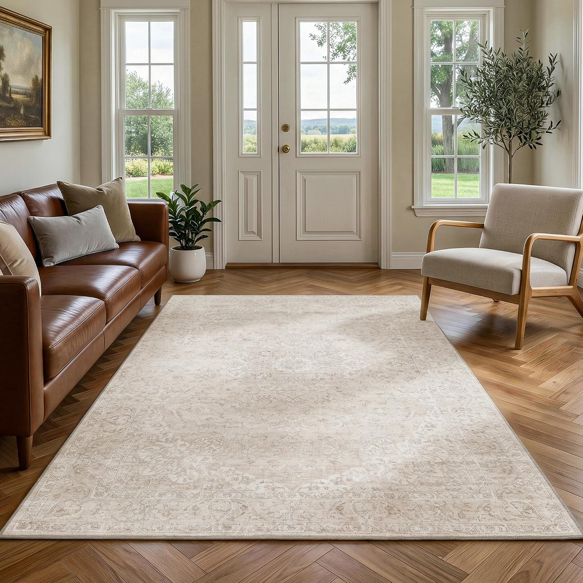 Washable Beige Neutral Vintage Floral Area Rug