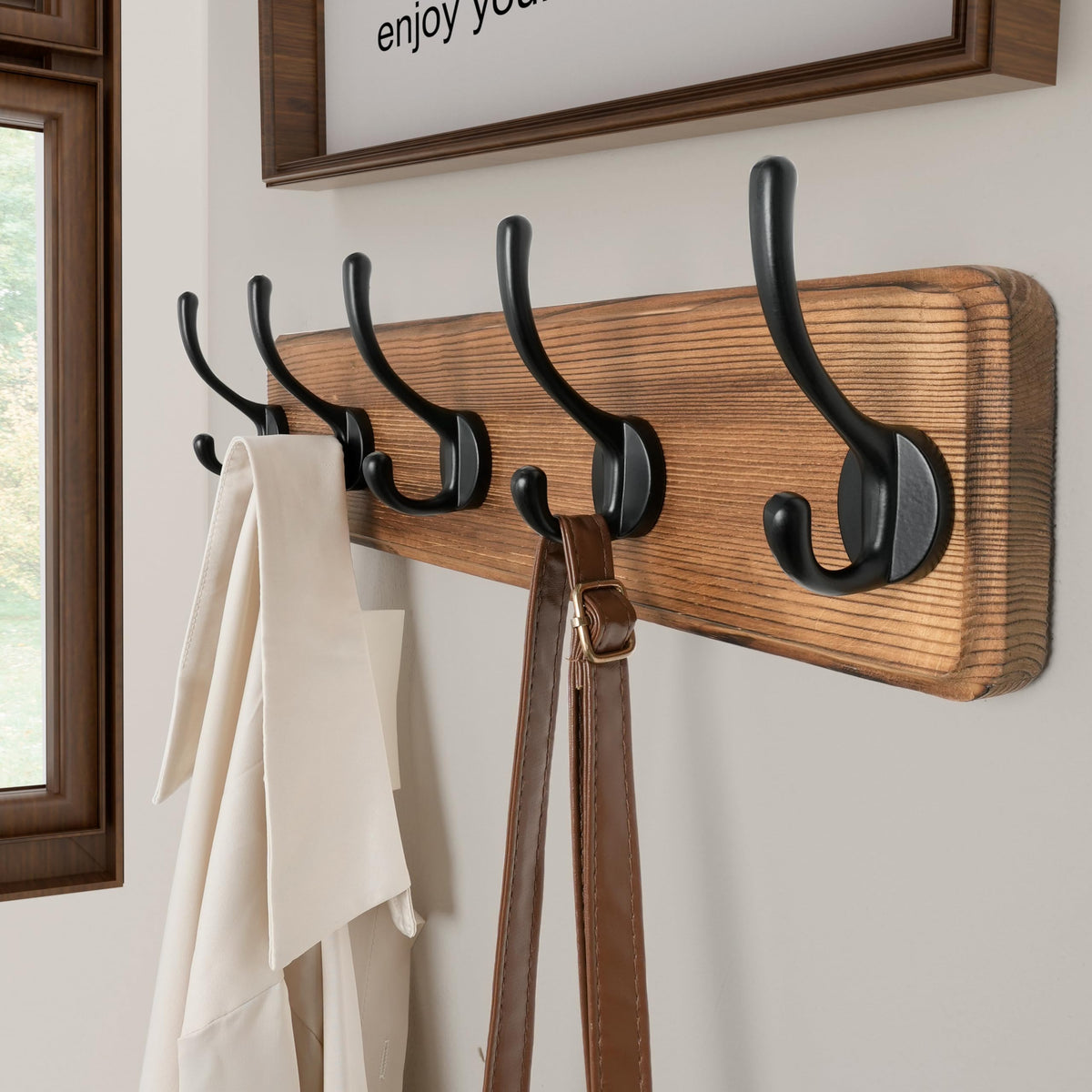 Rustic Coat Rack Wall Mount, 5 Hooks, 17 Inch, Solid Wood, Brown