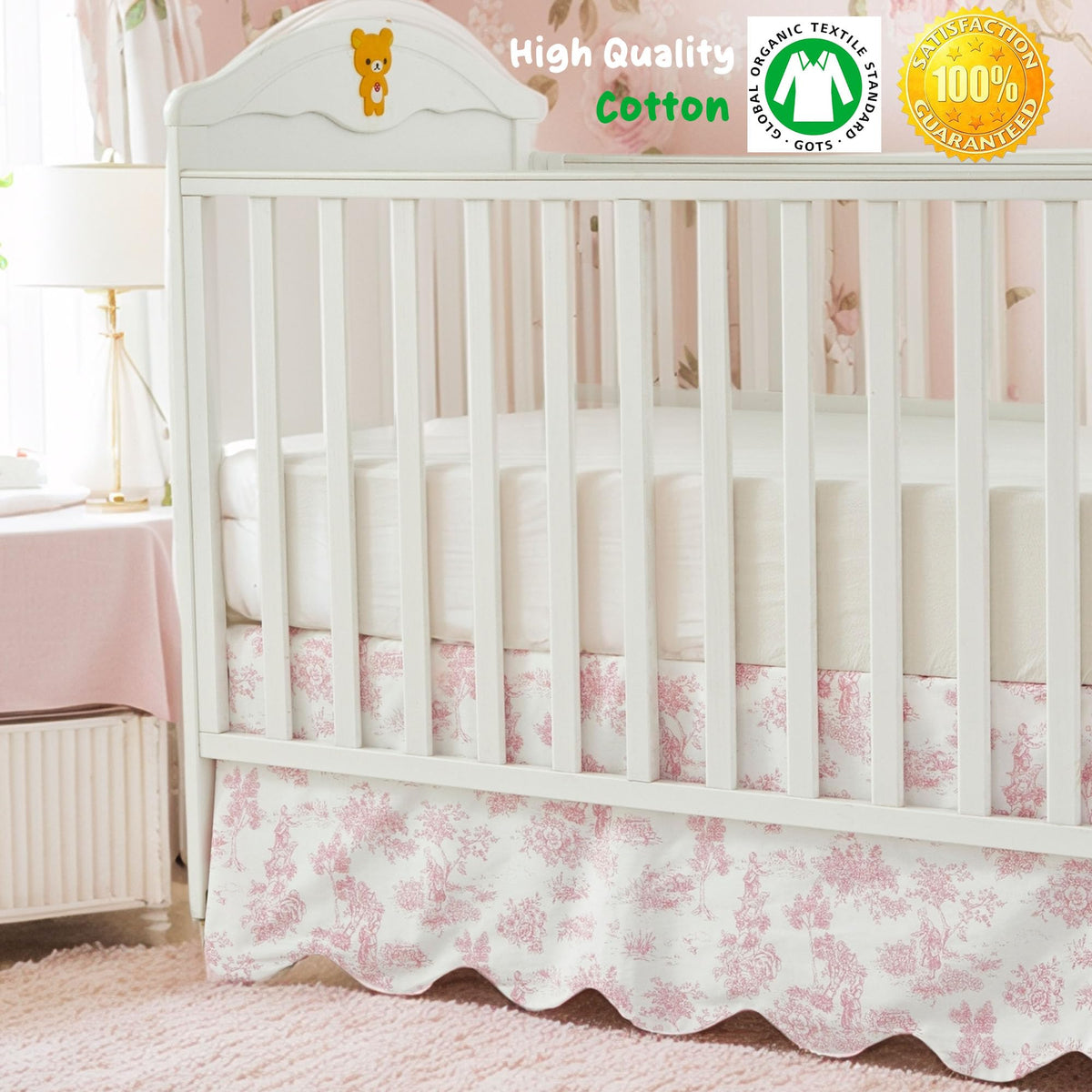 Scallop Edge Cotton Crib Skirt, Baby Girl, French Country Pink Toile Crib Skirt Toddler Bedskirt Farmhouse Chic