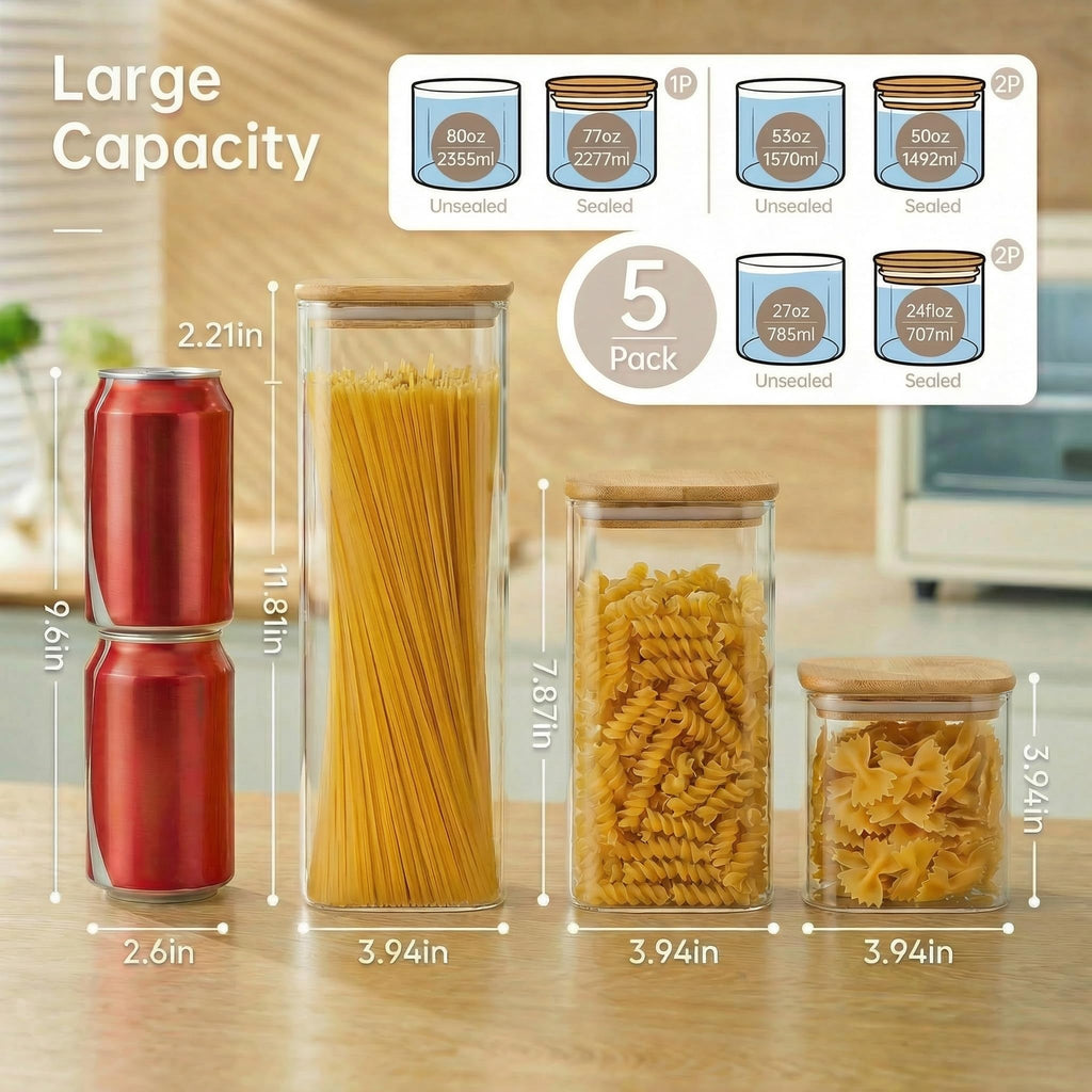 Square Glass Jars with Bamboo Lids [Muti Size Set of 5], Glass Canisters with Airtight Lids, Glass Food Storage