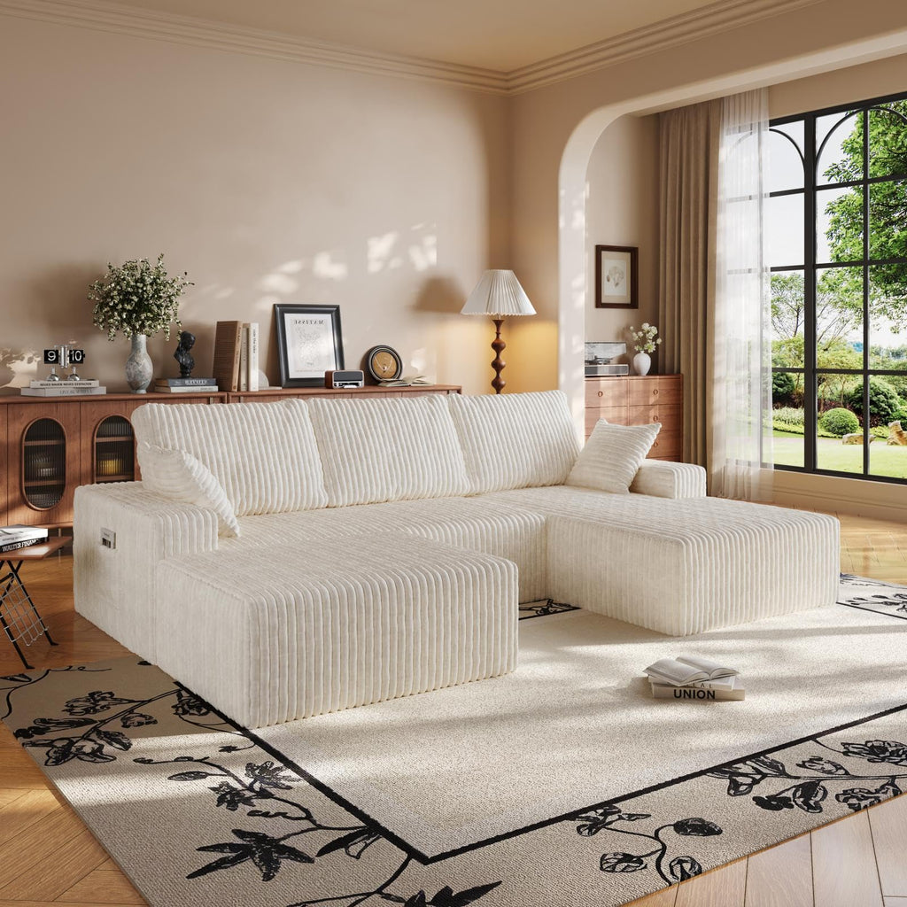 108" U-Shape Modular Sectional Cloud Cream Couch with Ottoman, Deep Seat Boneless Couch with Oversized Chaise Lounge