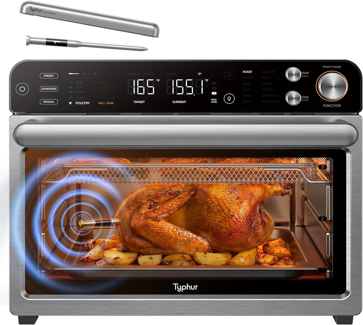 Sync Oven with Smart AI Wireless Meat Thermometer Probe, 12‑in‑1 Countertop Air Fryer Toaster Oven Combo, 360° Turbo