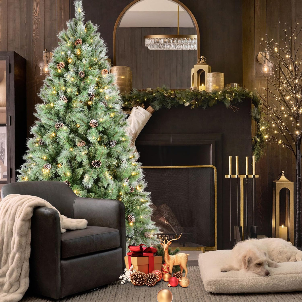 Christmas Tree, 5 to 9 ft, Pine Cones, PVC & Hard Needle, Green