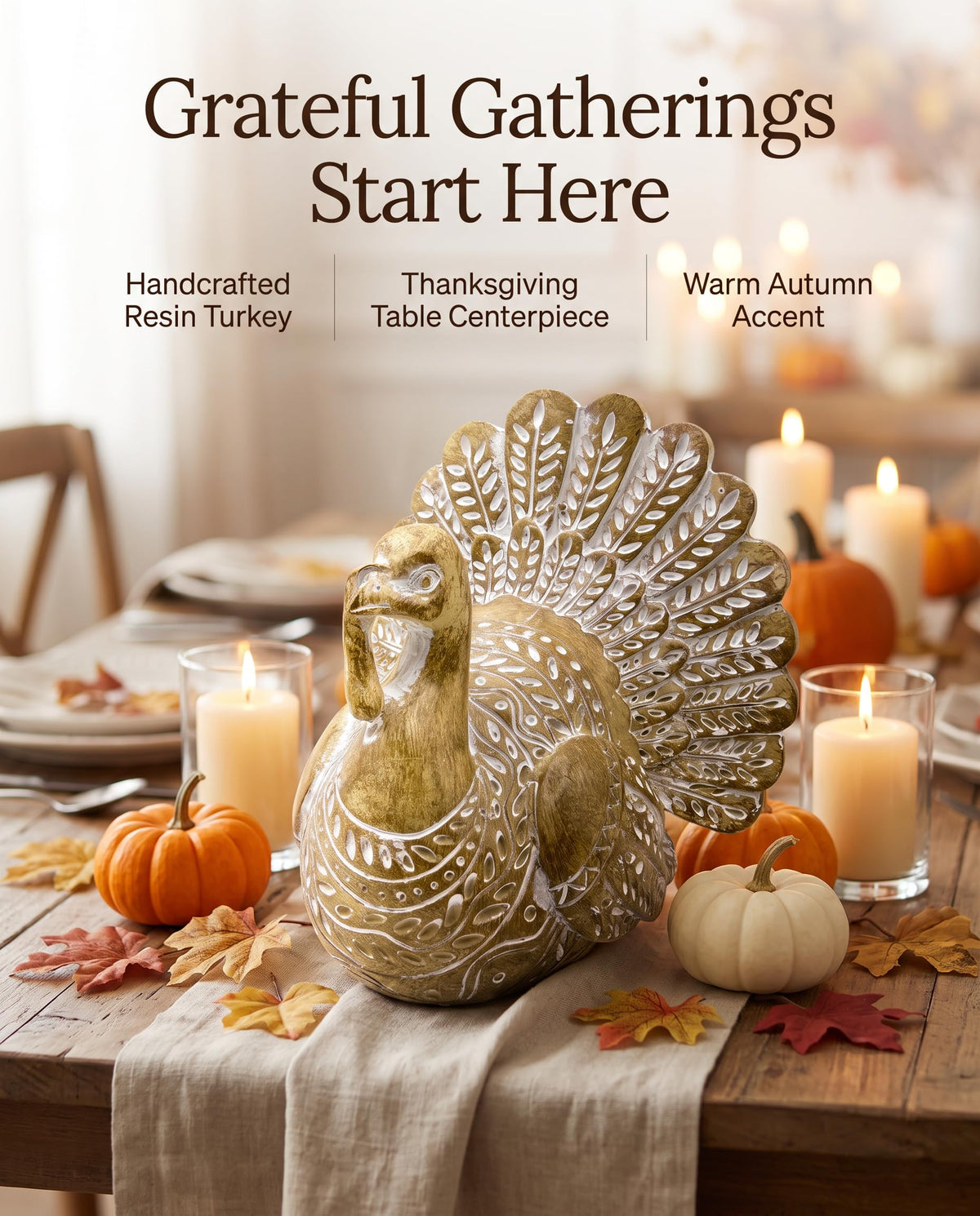 Resin Turkey Figurine, Hand-Painted Thanksgiving Tabletop Decor, Fall Harvest Turkey Statue for Mantel, Shelf, Dining