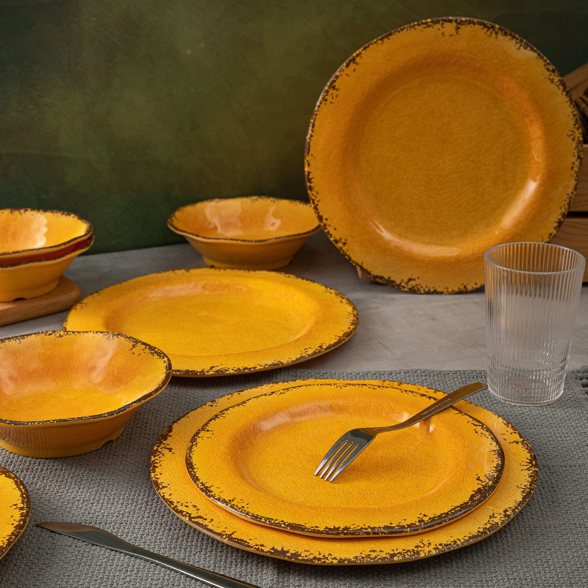 Rustic Melamine Dinnerware Sets for 4, Harvest Plates and Bowls Set