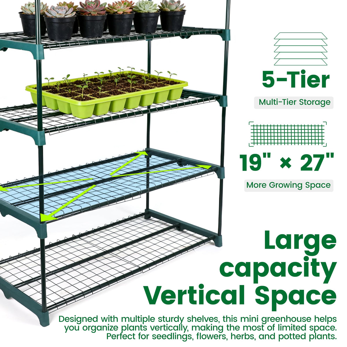 5 Tier Mini Greenhouse - 75'' H x 27'' L x 19'' W - Sturdy Portable Gardening Shelves with Transparent PVC Cover