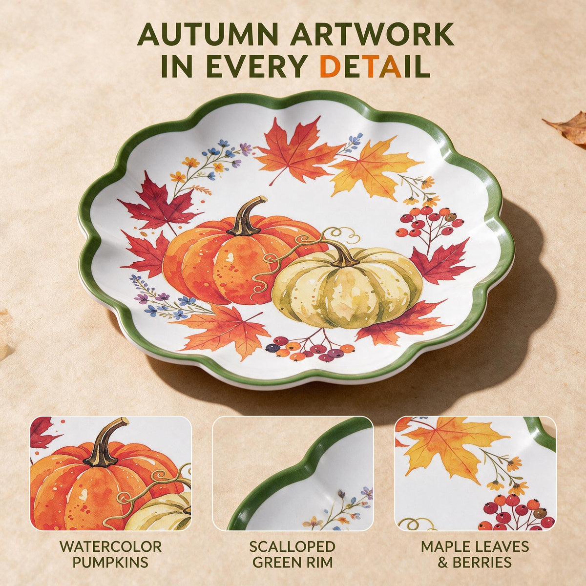 Fall Plates, 4 Pack 9 Inch Melamine Pumpkin Plates, Scalloped Rim