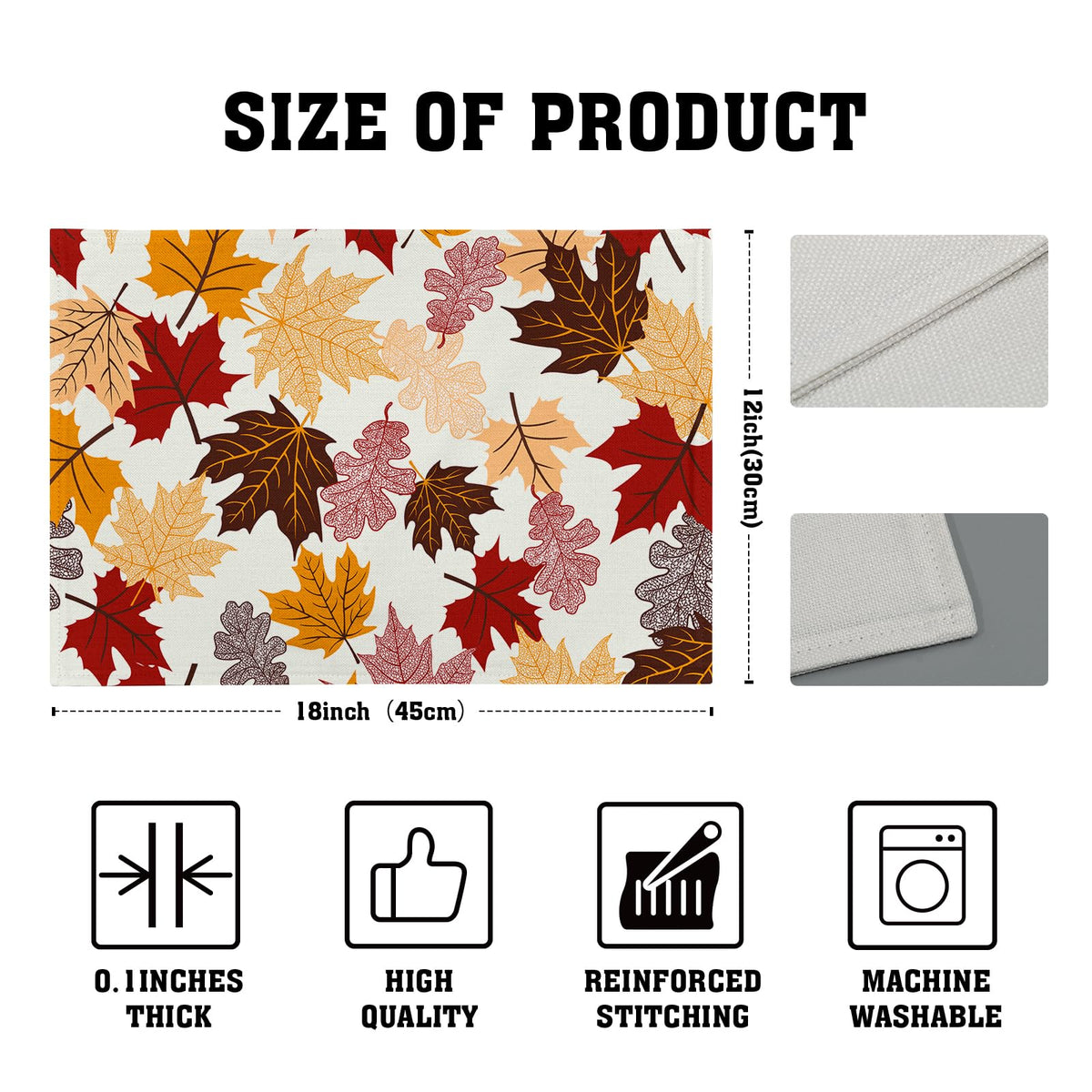 Maple Leaf Placemats Set of 4 Dining, Colorful Fall Autumn Thanksgiving Leaves Non-Slip Washable Linen Place Table