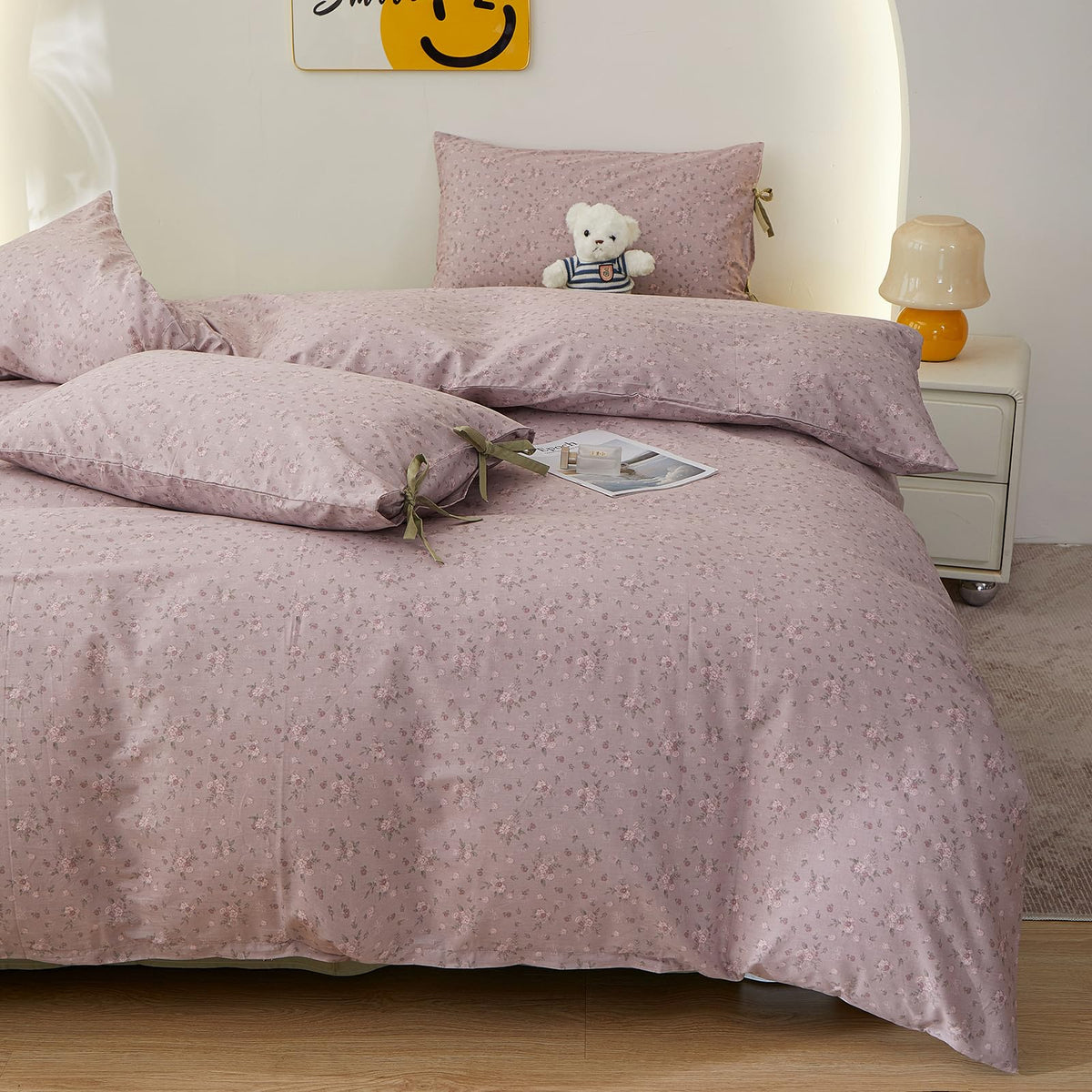 Boho Comforter Set King Size Floral Bedding Sets Soft Cotton Farmhouse Mauve Flower Comforters Fluffy with 2 Bowknot