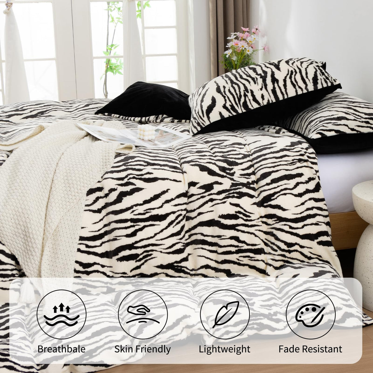Zebra Flannel Fluffy Duvet Cover Set Soft Faux Fur Fuzzy Plush
