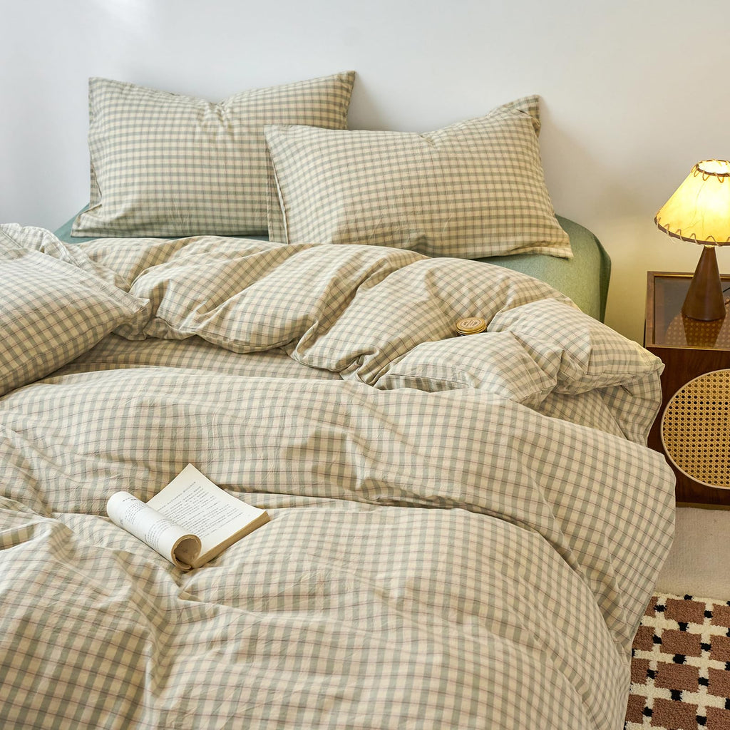 Green Gingham Duvet Cover Set 100% Washed Cotton Grid Duvet Cover Vintage Green Beige Plaid Checkered Bedding