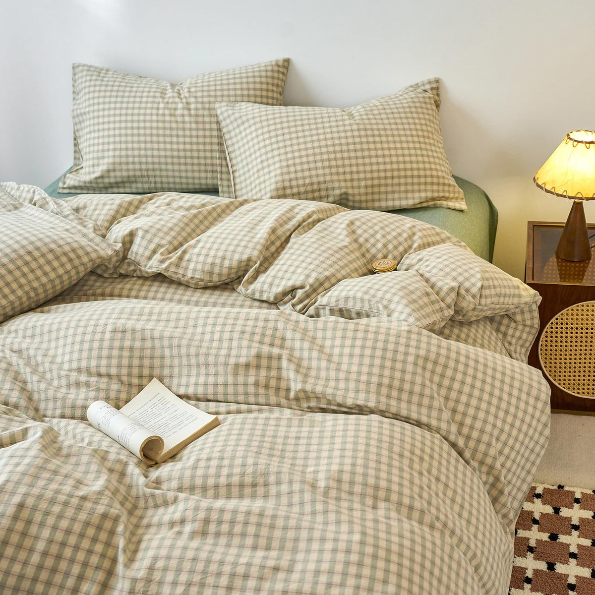 Green Gingham Duvet Cover Set 100% Washed Cotton Grid Duvet Cover Vintage Green Beige Plaid Checkered Bedding