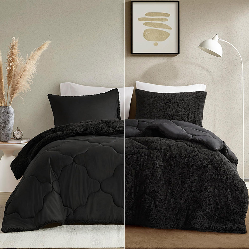 Vixie Sherpa Comforter Set, 3 Piece, Black/Black