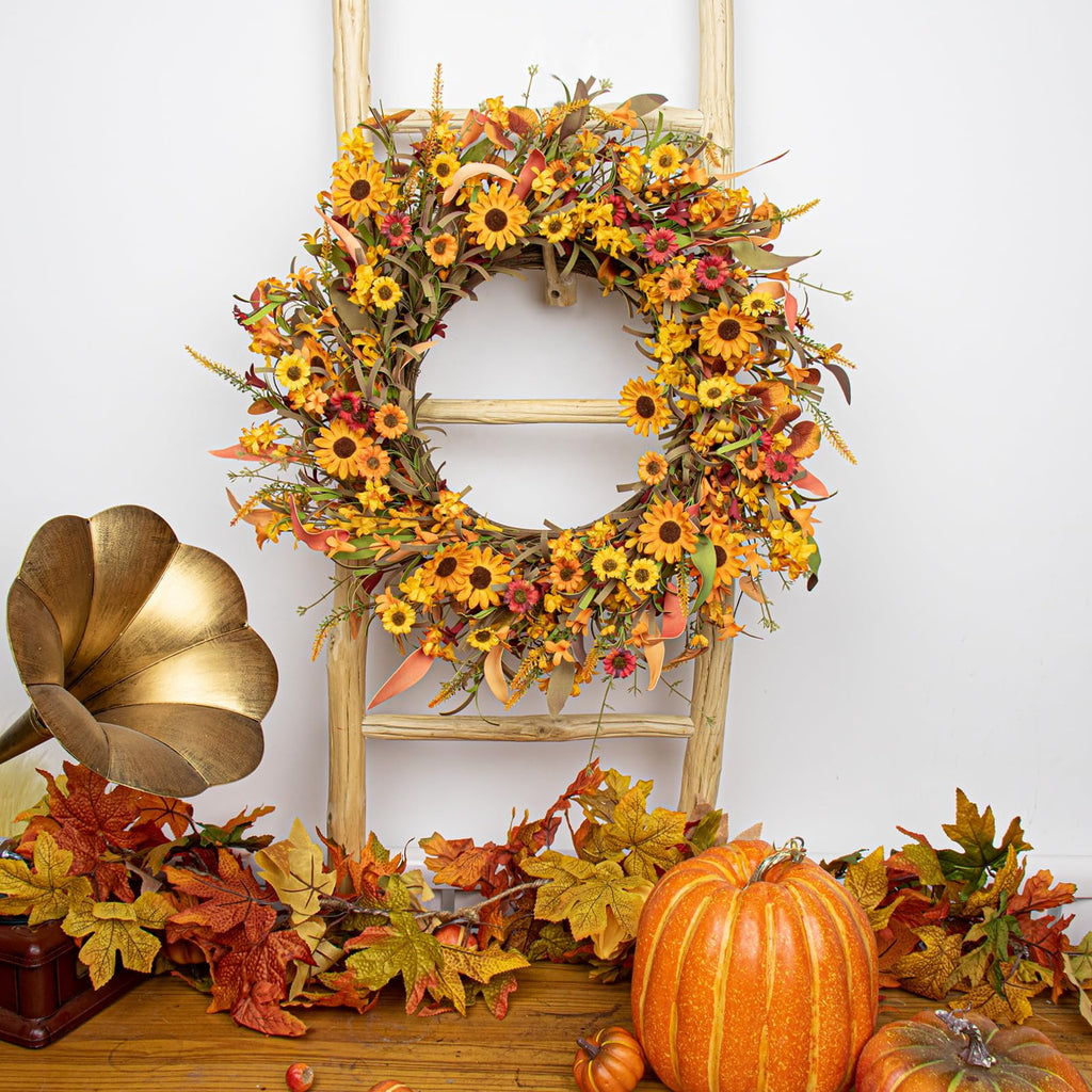 Artificial Fall Wreath 22 Inch Fall Wreaths for Front Door Autumn Porch Farmhouse Thanksgiving Day Harvest Festival