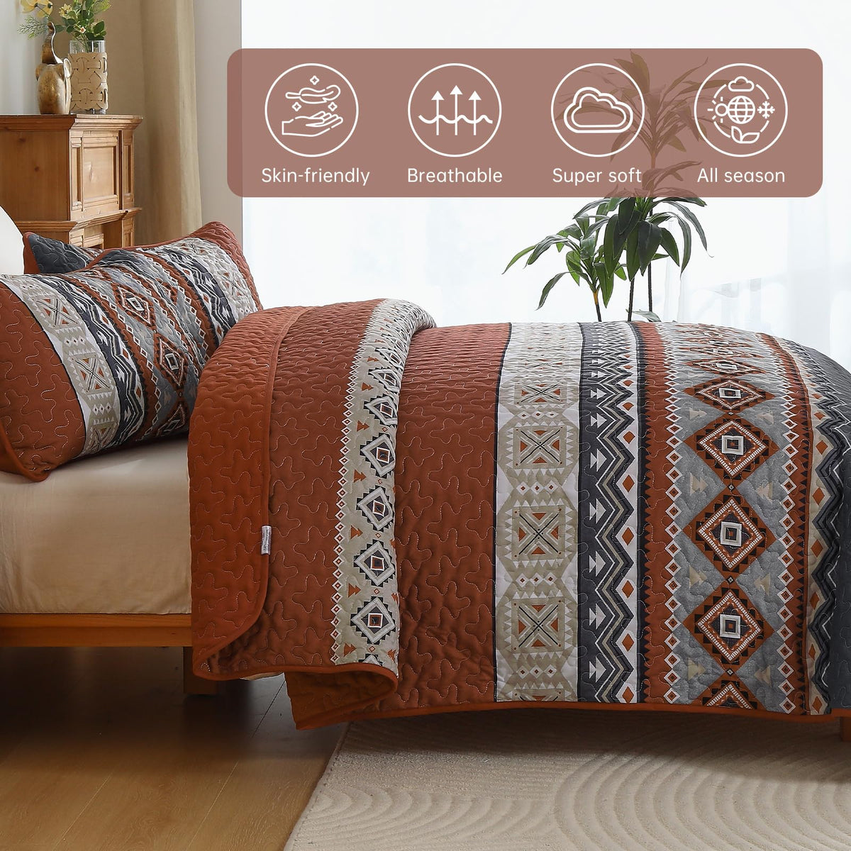 Queen Boho Quilt Set, Orange Grey Fall Thanksgiving Bedspread