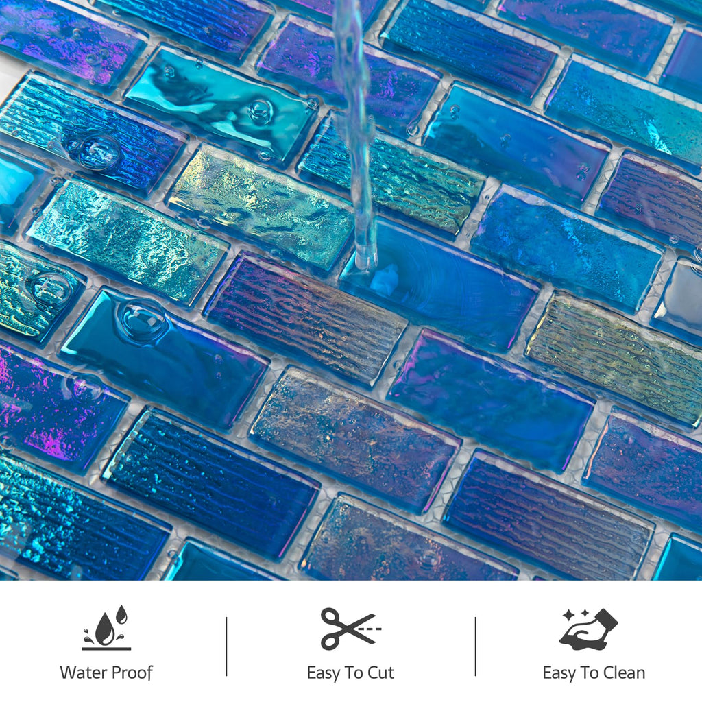 Pool Tile, Glass Backsplash Tiles Iridescent Blue 1x2 Inch Brick, 5 Sheets