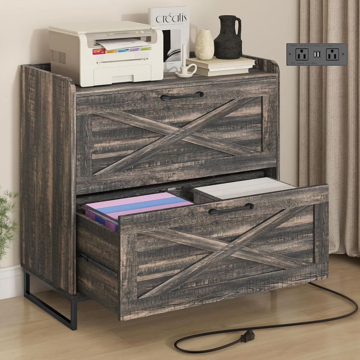 2 Drawer Lateral File Cabinet with Charging Station, Dark Oak | Filing Cabinet for Letter/Legal/A4 Size Hanging