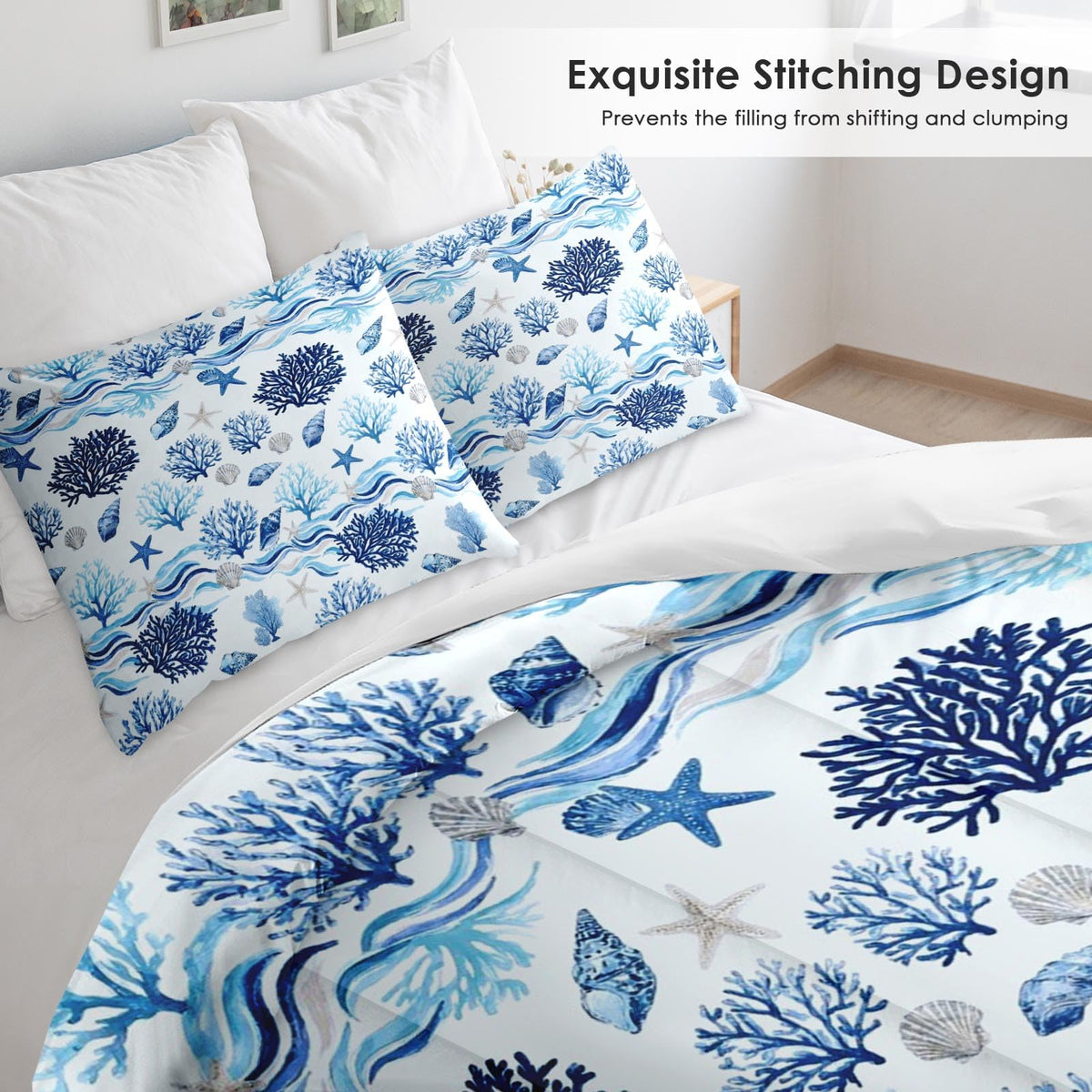 Comforter Set, 3 Pieces Coastal Ocean Bedding, All Season