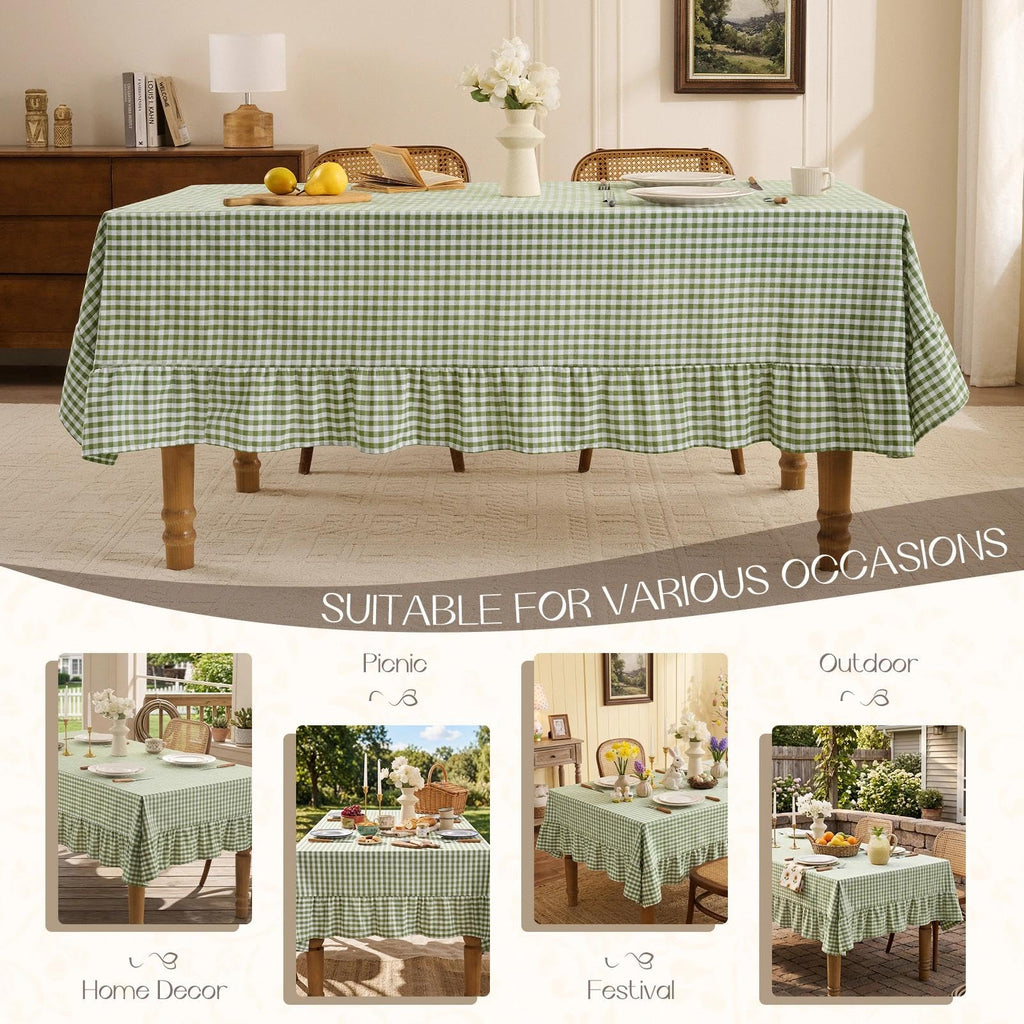 Gingham Ruffled Tablecloth Rectangle, 60 x 84 Inch, Sage Green