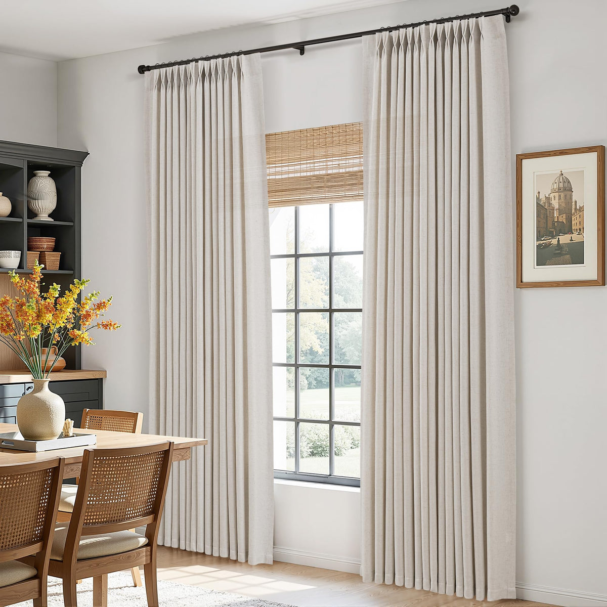 Mousse White Pinch Pleated Linen Curtains 112 Inches Long Bedroom Light Filtering Neutral Farmhouse Curtain 112