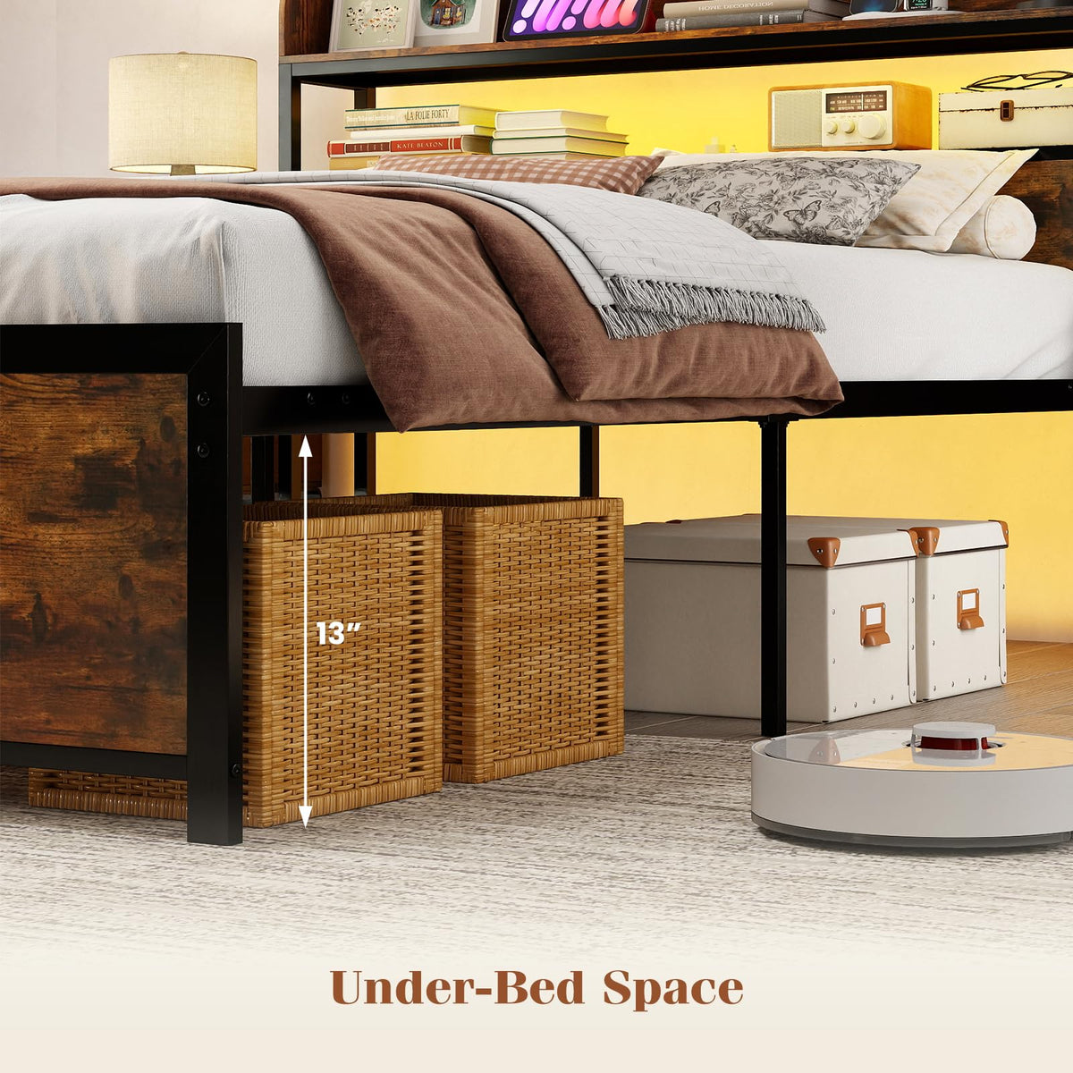 Bed Frame with Storage Headboard, Metal Platform Bed w/LED Light & Charging Station, Heavy Duty Slat