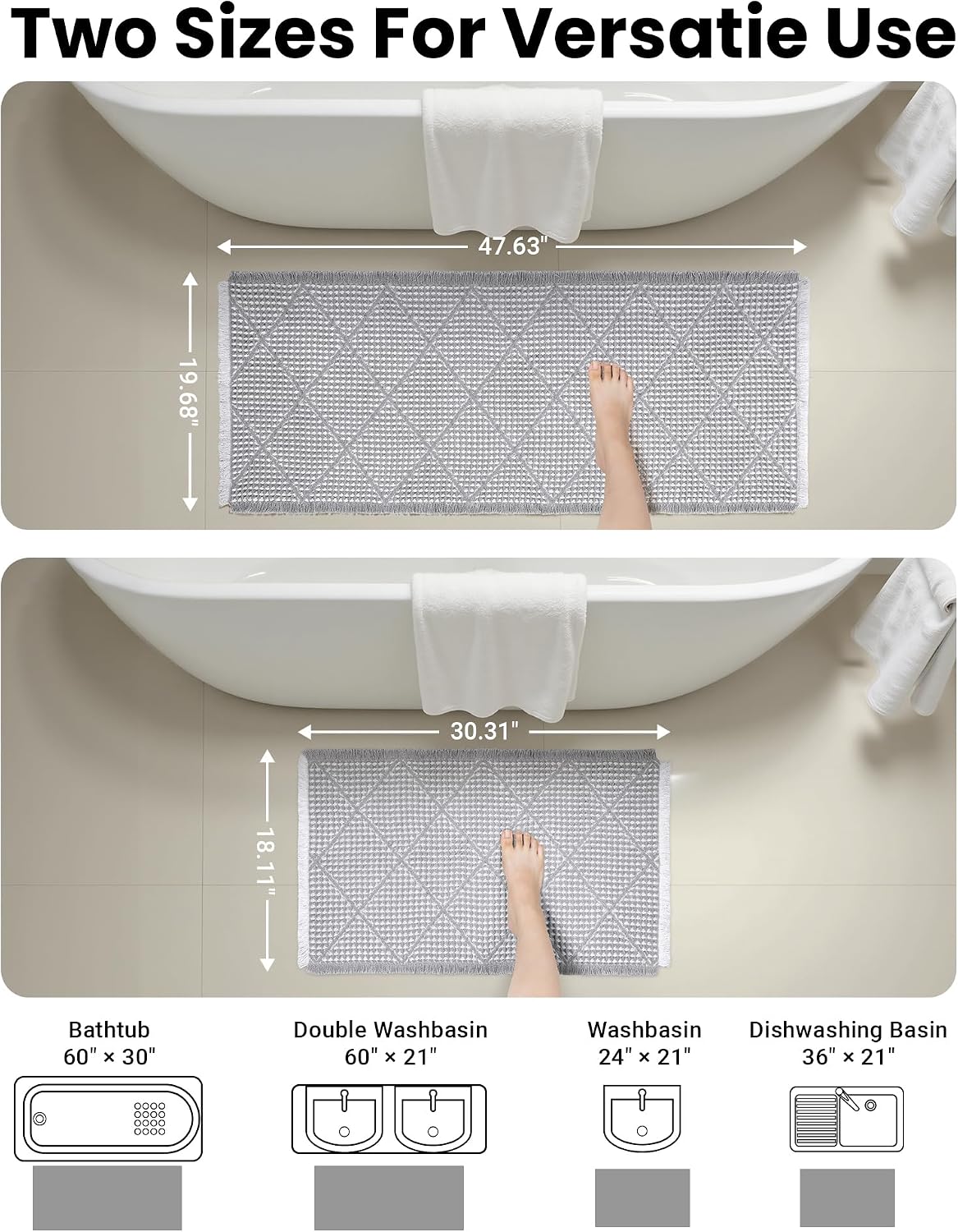 Waffle Bath Mat Set, Non Slip Bathroom Rugs Sets 2 Piece, Ultra Absorbent Long Bath Rug Runner Decor, Machine