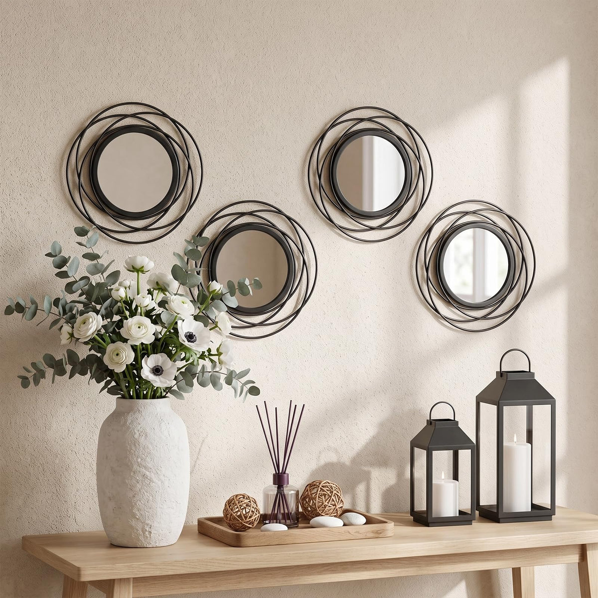 Set of 4 Decorative Wall Mirrors,9 Inch Modern Metal Frame Round Accent Mirrors Abstract Wall Art Decor Bedroom
