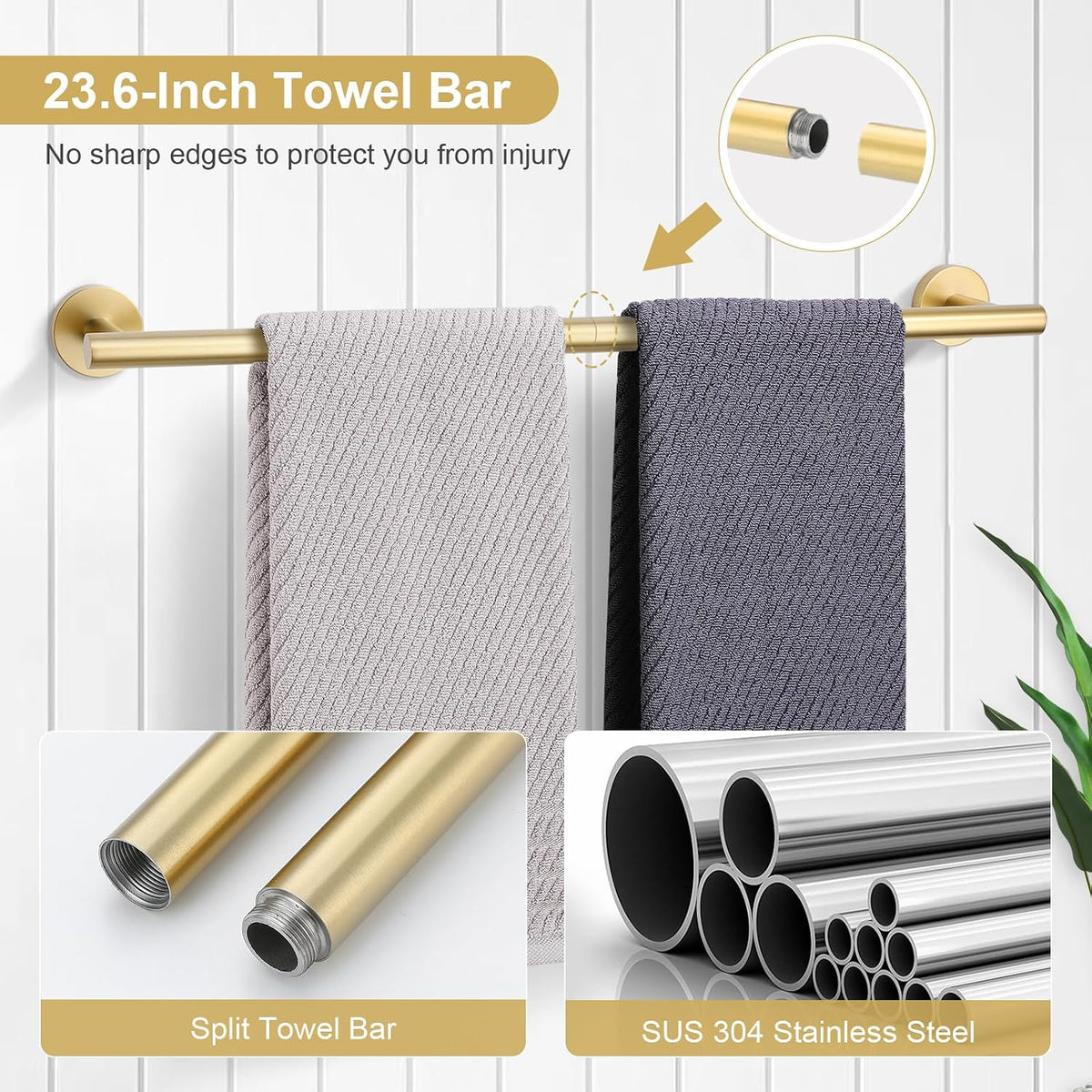 5 Piece Bathroom Accessories Set Brushed Gold Bathroom Hardware Set 23.6 Inch Bath Towel Bar Set SUS304 Stainless