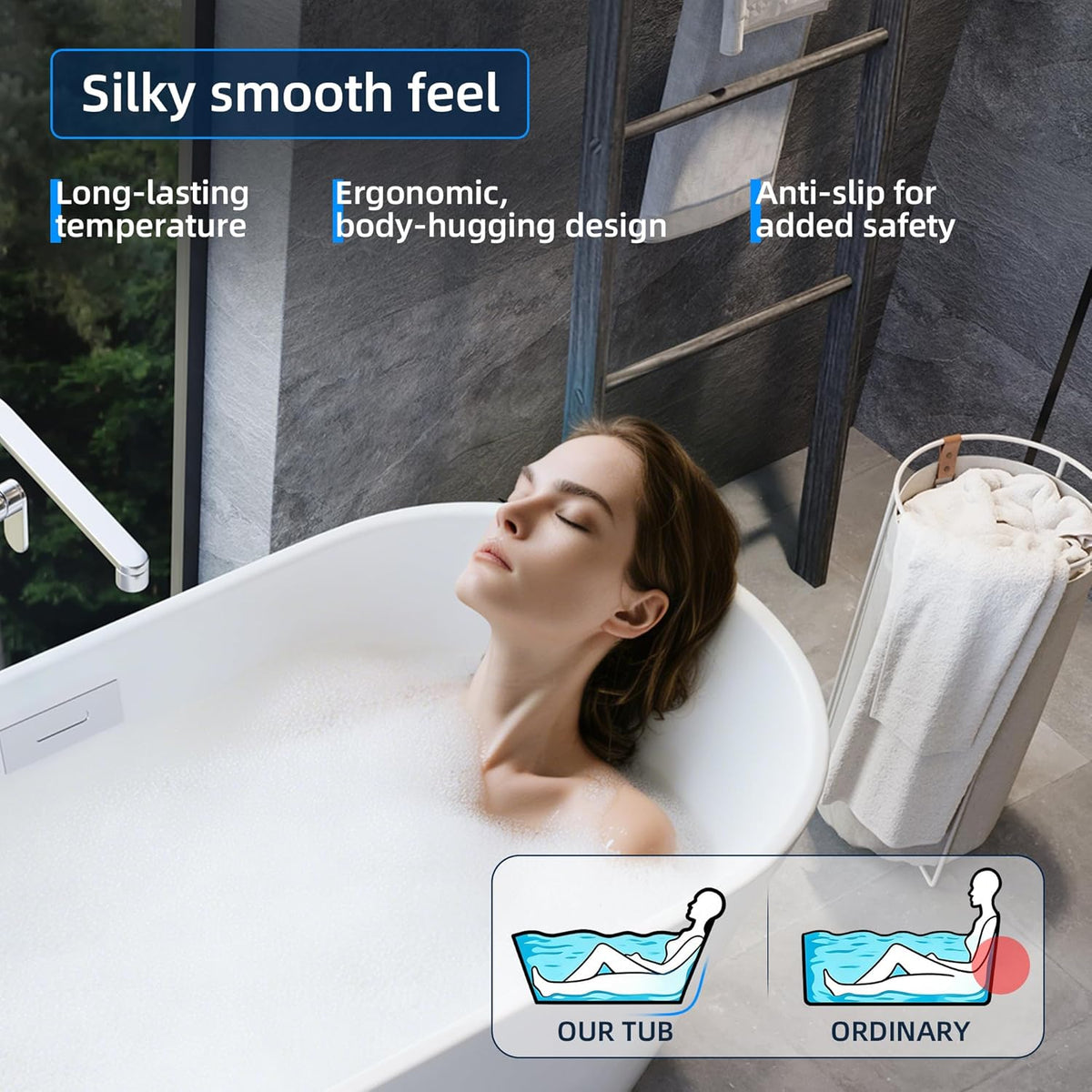 Acrylic Freestanding Bathtub, Deep Soaking Tub with Non-Slip Base, CUPC Certified Free Standing Tub, Chrome Drain