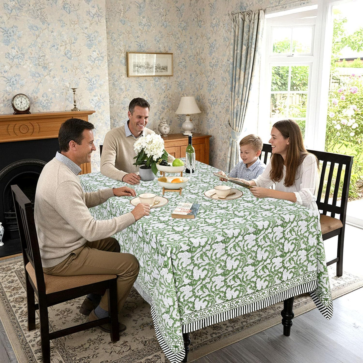 Sage Green 60x90 Inches Rectangle 100% Cotton Hand Block Print Tablecloth Washable Easter Thanksgiving/Christmas