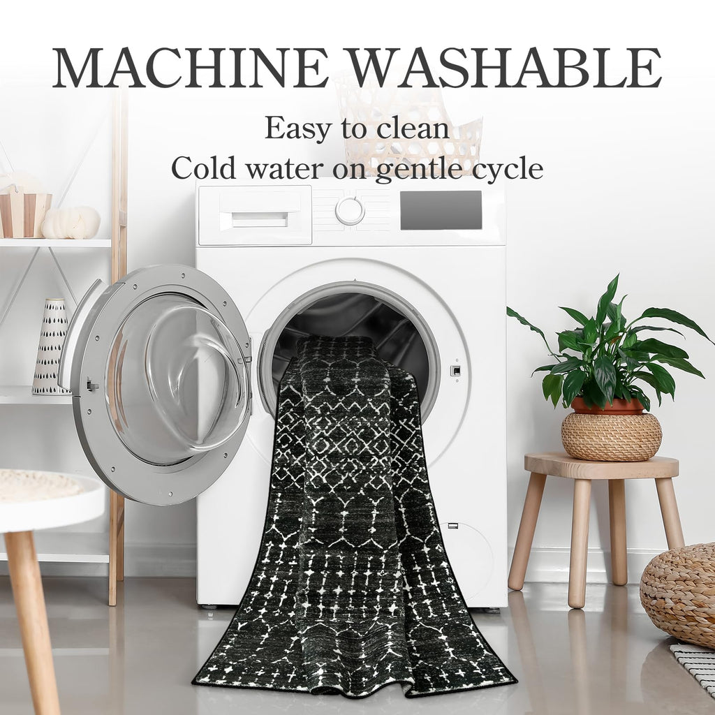 Moroccan Black Long Runner Washable Hallway Rug, Ultra-Thin Non Slip Kitchen Runner, Soft Modern Print Indoor Floor