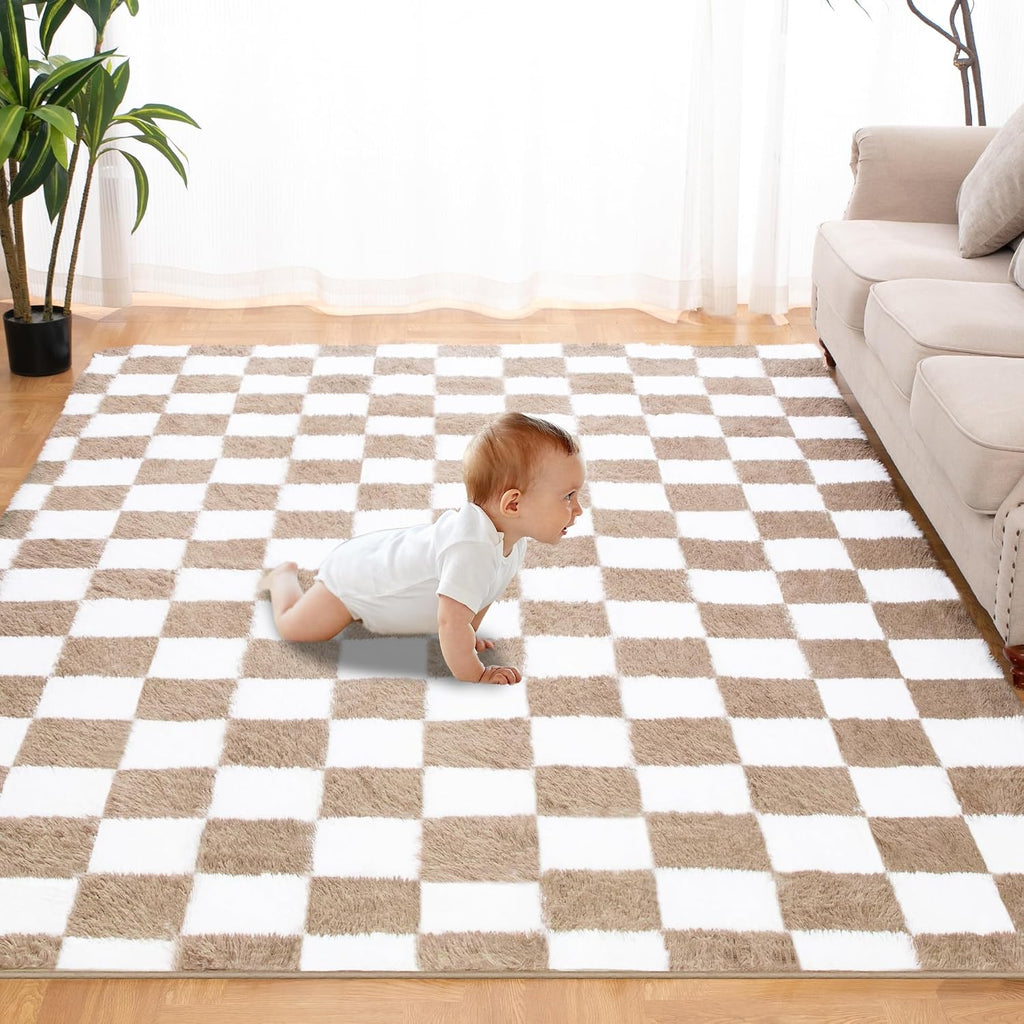 Super Soft Rug, Beige and White Area Rug Classic Checkered Shaggy Anti-Skid High Pile Soft Fluffy Rug Fuzzy