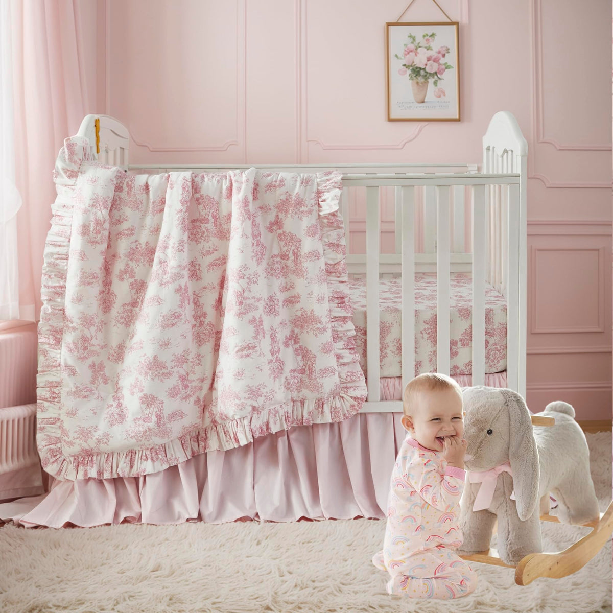 French Country Toile Crib Bedding Set for Girls Vintage Pink Toile Floral Print 100% Cotton Baby Girl Nursery Bedding
