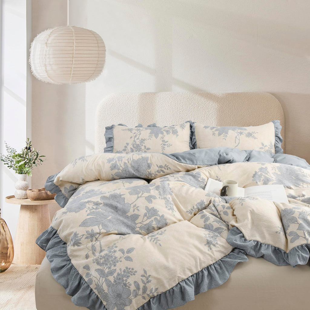 Comforter Set, Ruffle Floral Bedding Set, 3 Pieces, Blue