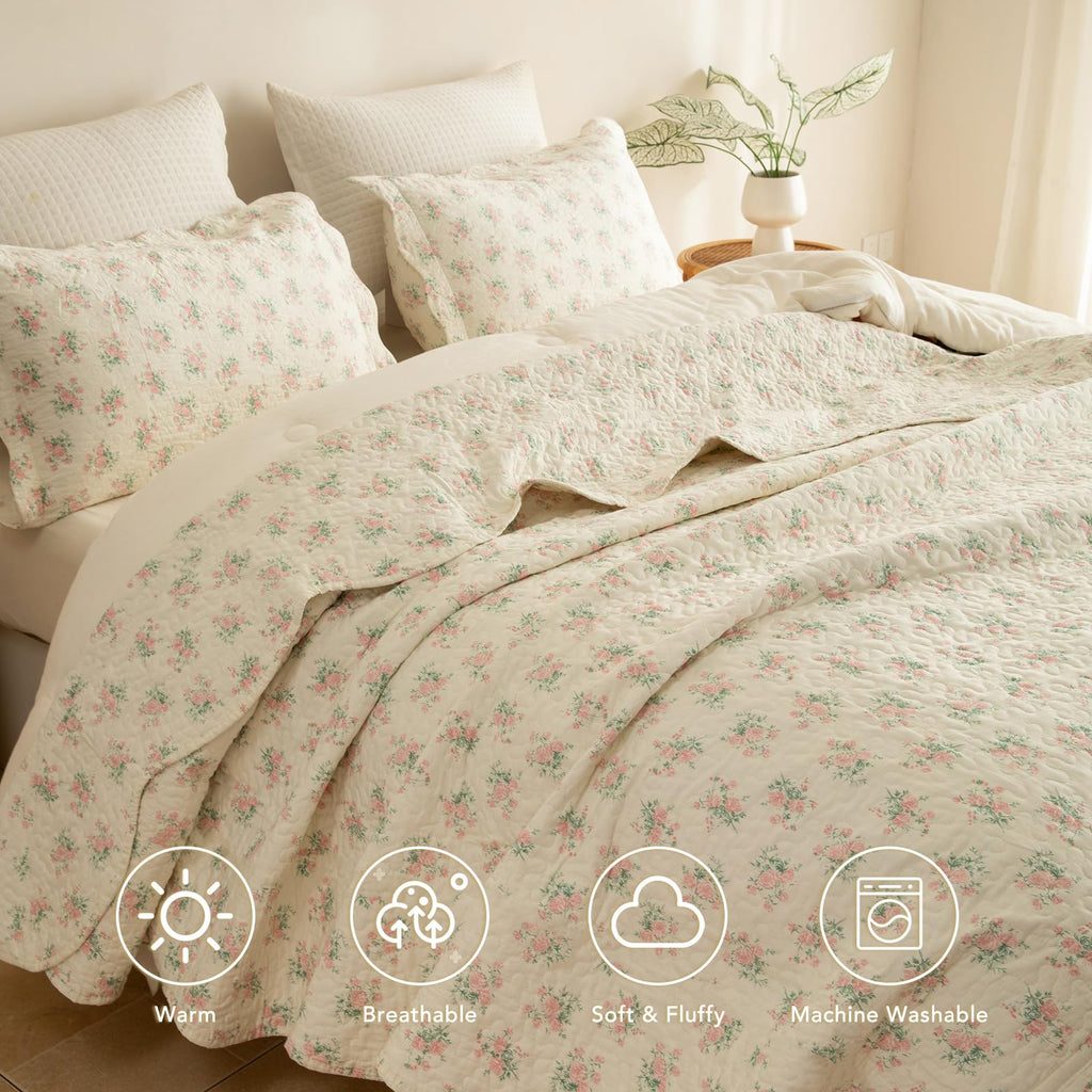 100% Cotton Quilt Set - Pink Flower Botanical Bedspread