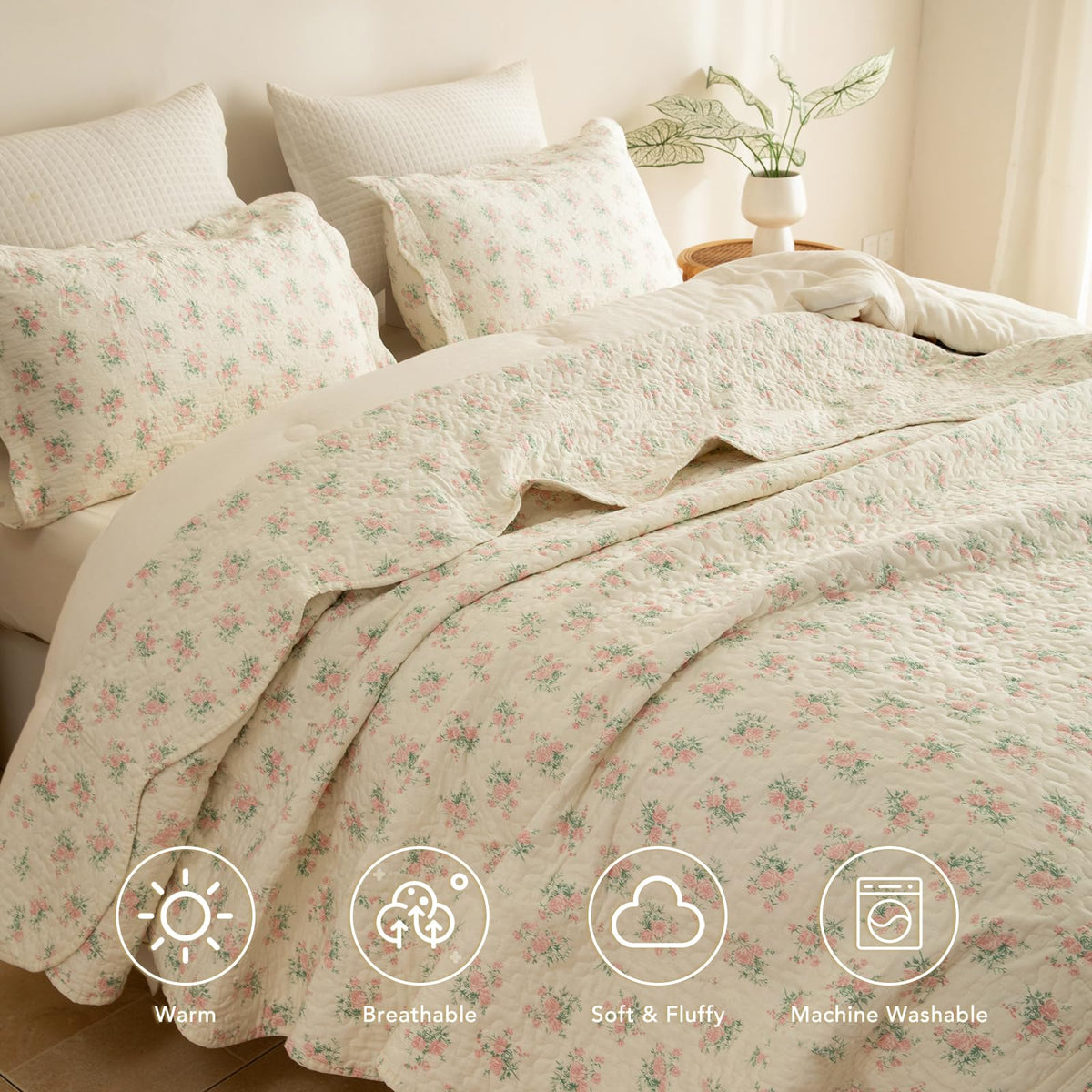 100% Cotton Quilt Set - Pink Flower Botanical Bedspread