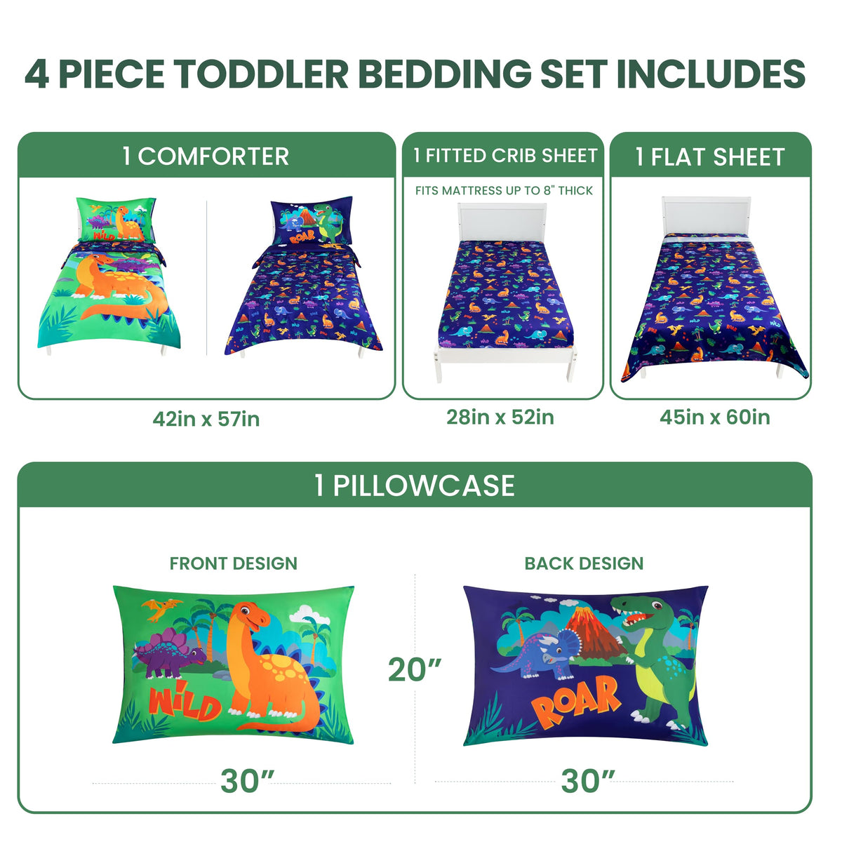4-Piece Dinosaurs Toddler Bedding Set - Soft & Breathable Brushed Microfiber Toddler Bedding Sets for Boys, Machine