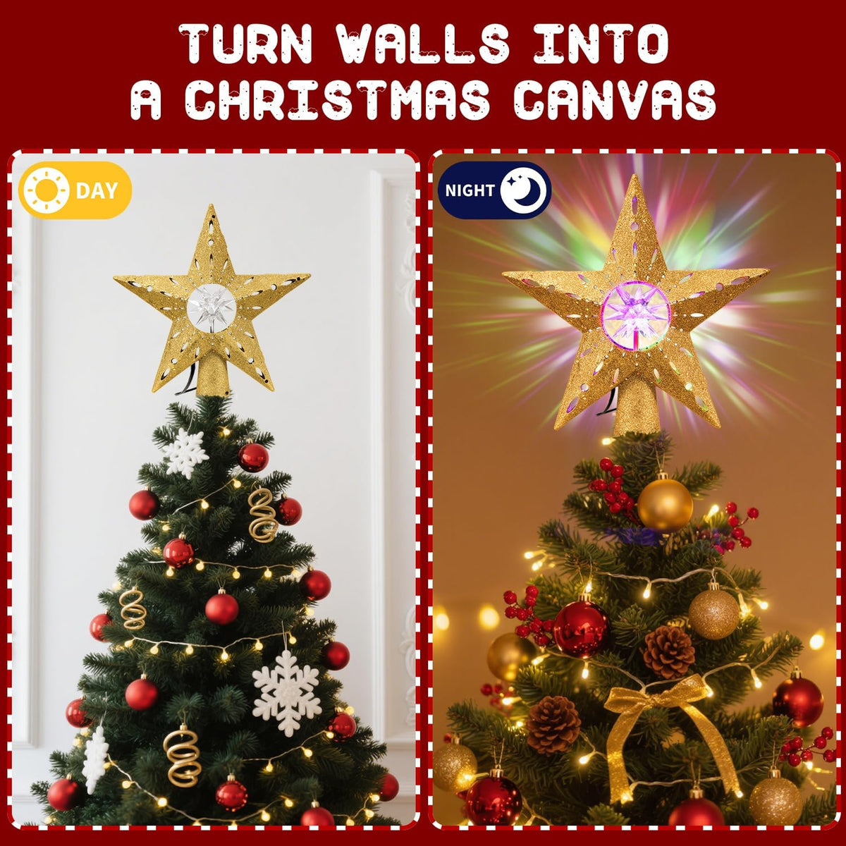 Gold Rotating Christmas Tree Topper Star with RGB LED Lights, 3D Crystal Diamond Center, Spinning Projection, Glitter