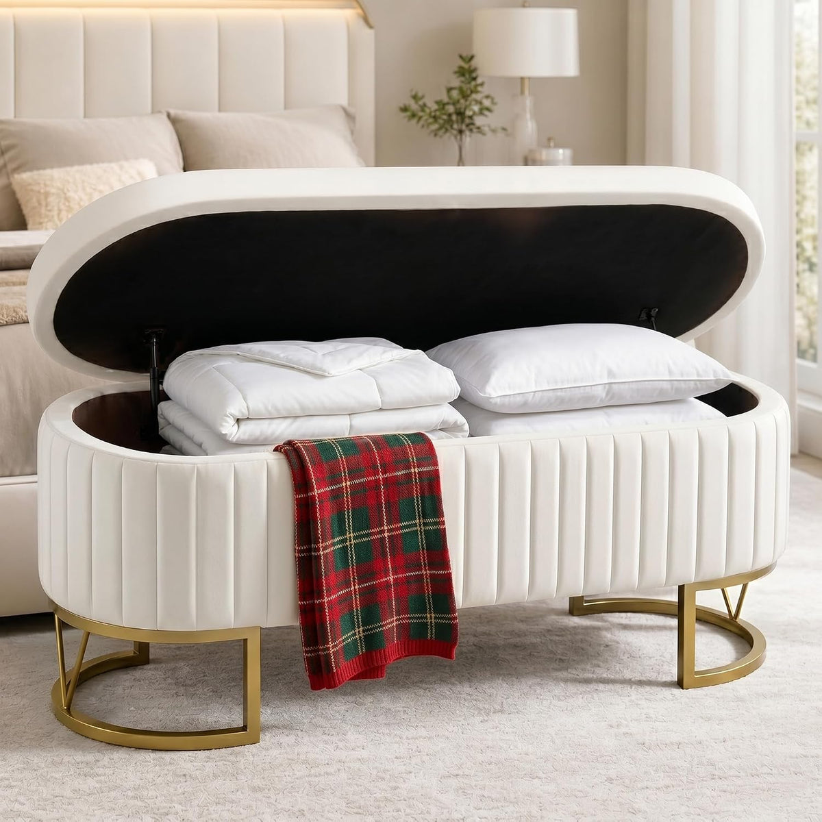 Velvet Storage Bench for Queen Size Bed, 46'' Beige Oval Ottoman, Gold Legs | Easy Assembly, Housewarming Gift
