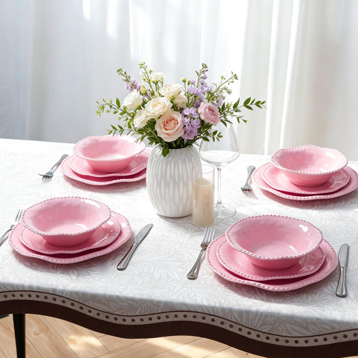 Pink Beaded Melamine Dinnerware Set, 12pcs Dots Plate and Bowl Set