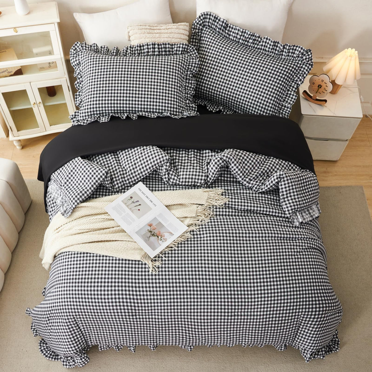 Gingham Comforter Set 5 Pieces Black Ruffled Bedding Sets