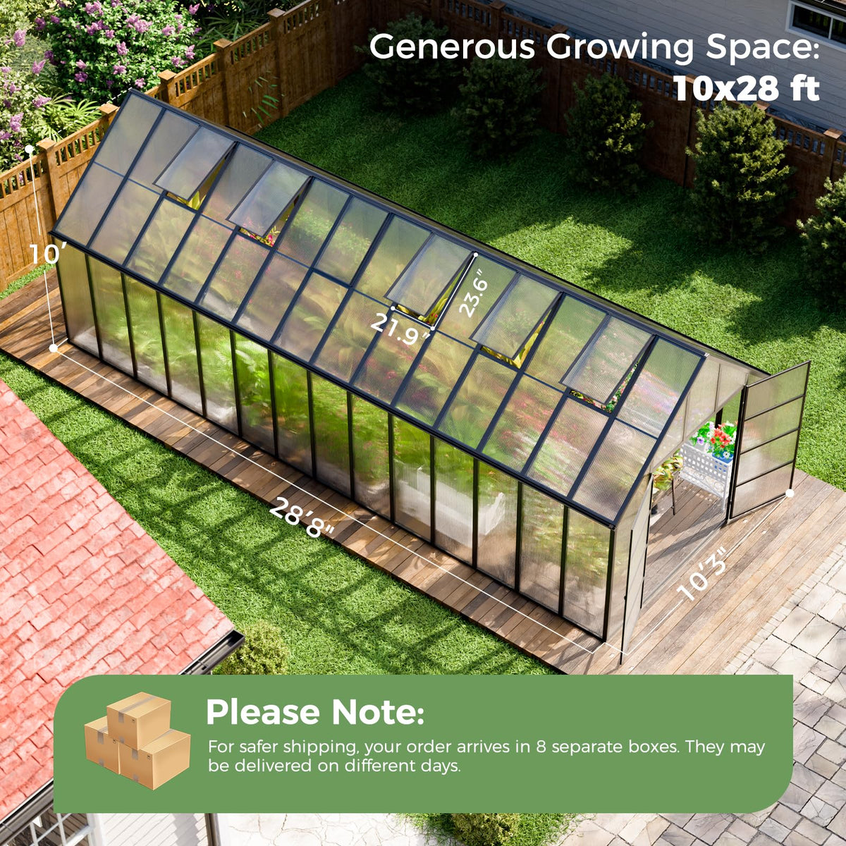 28x10x10 FT Polycarbonate Greenhouse with Aluminum Frame, Black