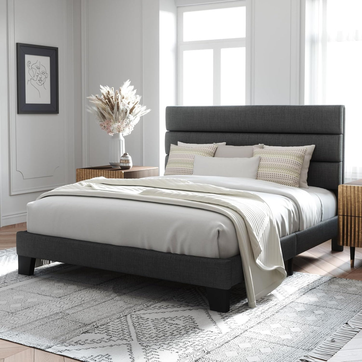 Full Platform Bed Frame with Fabric Upholstered Headboard and Wooden Slats Support