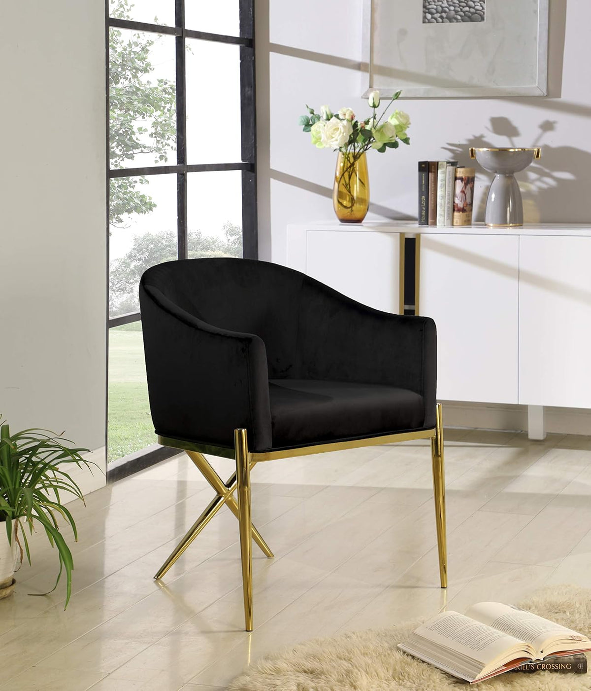 Modern, Contemporary Velvet Upholstered Dining Chair with Sturdy Steel X Shaped Legs, Solid Back