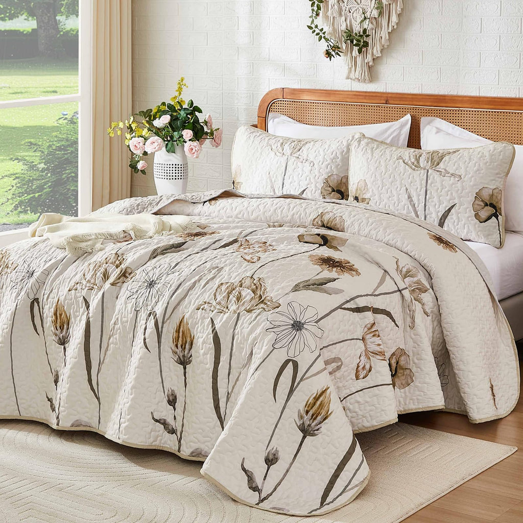 Brown Quilt King Size, Floral Boho Summer Bedspread