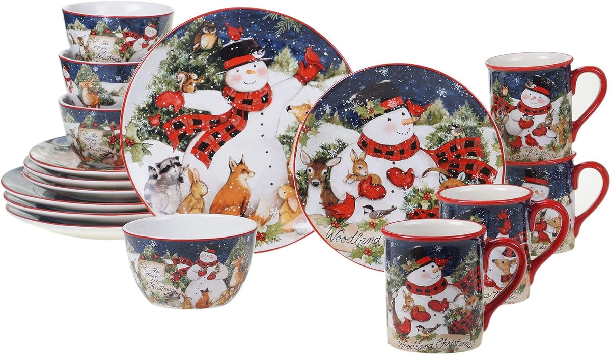 Magic of Christmas Snowman piece Dinnerware Set Service for 4 Green Multi Color Red Animal Casual Modern